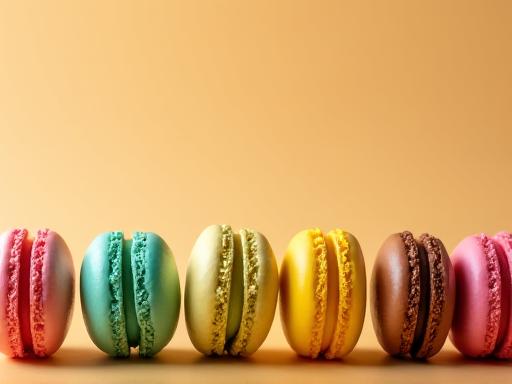 Fila de macarons de diferentes sabores y colores.
