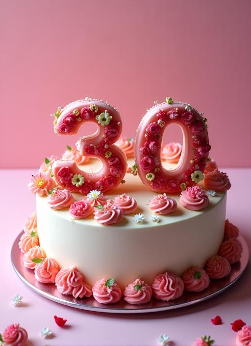 Tarta de cumpleaños con forma del número 30 decorada con flores y dulces.
